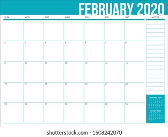 February 2020 desk calendar vector illustration, simple and clean design. 
