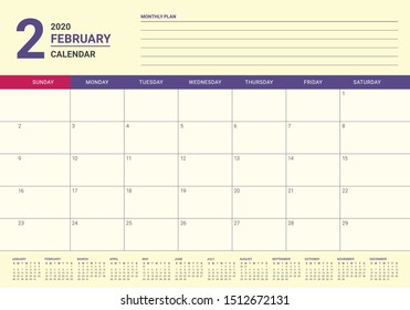 February 2020 desk calendar vector illustration, simple and clean design. 
