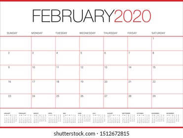 February 2020 desk calendar vector illustration, simple and clean design. 