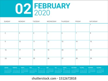 February 2020 desk calendar vector illustration, simple and clean design. 