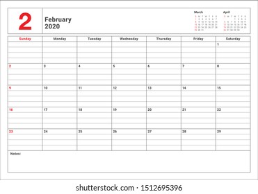 February 2020 desk calendar vector illustration, simple and clean design. 
