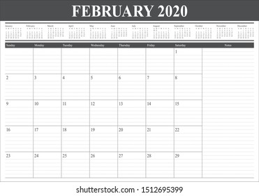 February 2020 desk calendar vector illustration, simple and clean design. 
