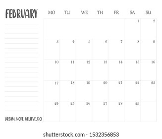 February 2020 desk calendar vector illustration, simple and clean design.