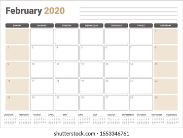 February 2020 desk calendar vector illustration, simple and clean design. 
