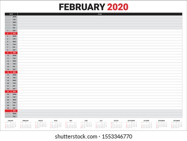 February 2020 desk calendar vector illustration, simple and clean design. 
