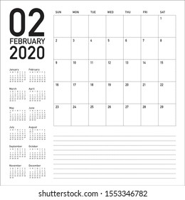 February 2020 desk calendar vector illustration, simple and clean design. 
