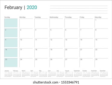 February 2020 desk calendar vector illustration, simple and clean design. 
