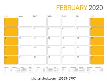 February 2020 desk calendar vector illustration, simple and clean design. 
