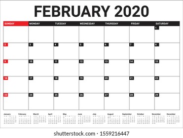 February 2020 desk calendar vector illustration, simple and clean design. 
