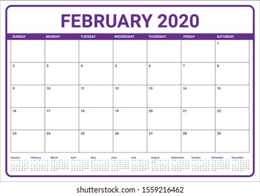 February 2020 desk calendar vector illustration, simple and clean design. 
