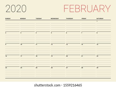February 2020 desk calendar vector illustration, simple and clean design. 
