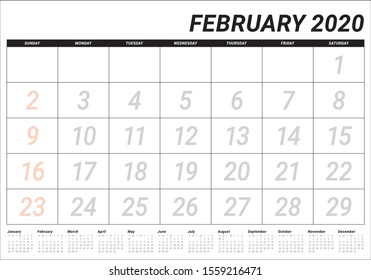 February 2020 desk calendar vector illustration, simple and clean design. 
