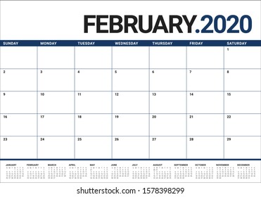February 2020 desk calendar vector illustration, simple and clean design. 
