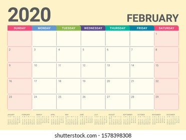 February 2020 desk calendar vector illustration, simple and clean design. 
