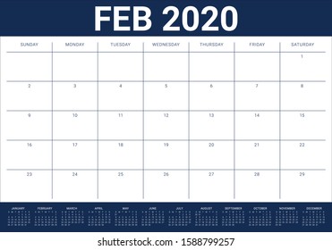 February 2020 desk calendar vector illustration, simple and clean design. 
