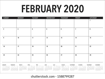 February 2020 desk calendar vector illustration, simple and clean design. 
