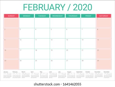 February 2020 desk calendar vector illustration, simple and clean design. 
