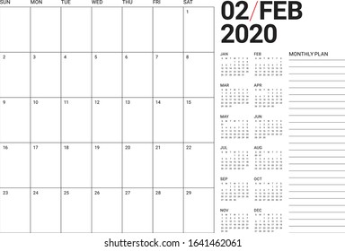 February 2020 desk calendar vector illustration, simple and clean design. 
