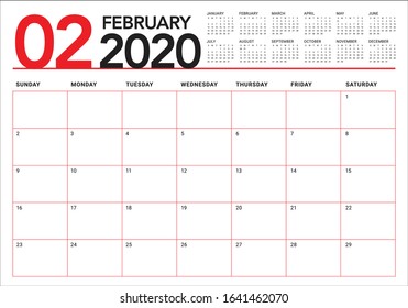 February 2020 desk calendar vector illustration, simple and clean design. 
