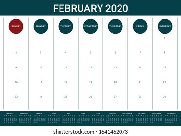 February 2020 desk calendar vector illustration, simple and clean design. 
