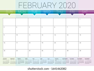 February 2020 desk calendar vector illustration, simple and clean design. 
