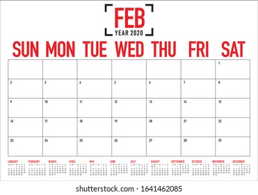 February 2020 desk calendar vector illustration, simple and clean design. 

