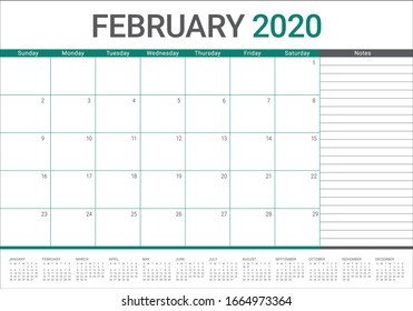 February 2020 desk calendar vector illustration, simple and clean design. 
