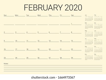 Febrero 2020 calendario de escritorio ilustración vectorial, diseño simple y limpio. 
