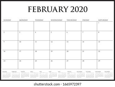 February 2020 desk calendar vector illustration, simple and clean design. 
