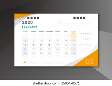 February 2020 desk calendar white and yellow theme weeks start from Sunday