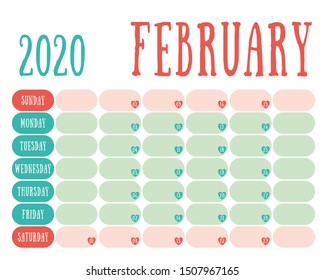 February 2020 diary. Calendar. Cute trend design. New year planner. English calender. Green and red color vector template. Notebook for notes. Week starts on Sunday. Planning. Hearts