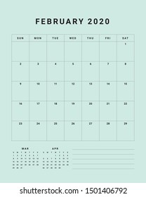 February 2020 monthly calendar vector illustration, simple and clean design. 

