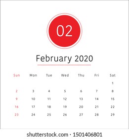 February 2020 monthly calendar vector illustration, simple and clean design. 
