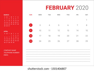 February 2020 monthly calendar vector illustration, simple and clean design. 
