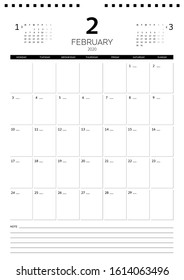 February 2020. Monthly Vertical Calendar Planner Printable Template A4, A3. Vector Illustration. Week Starts On Monday.