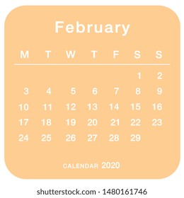 February 2020 planning calendar . Simple February 2020 calendar. Week starts from Monday. Template of calendar for February 