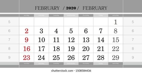 February 2020 quarterly calendar block. Wall calendar in English, week starts from Sunday. Vector Illustration.