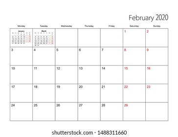 February 2020 simple calendar planner, week starts from Monday. Vector calendar planner.