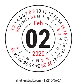 February 2020. Vector English сalendar. Round calender. Week starts on Sunday. Design template. Circle. Second month