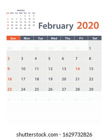 February 2020 vector planning calendar with a place for notes. Weeks start on Sunday.