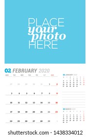 February 2020. Wall calendar planner template. Vector stationery design print template with place for photo. Week starts on Monday. 3 months on page