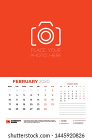 February 2020. Wall calendar planner template. Week starts on Monday. Typographic design template. Vector illustration