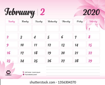 February 2020 Year Template, Calendar 2020 Vector, Desk Calendar Design, pink flower concept for cosmetics, beauty, spa, business; Week Start On Sunday, Planner, Stationery, Printing, 8 x 6 inch size