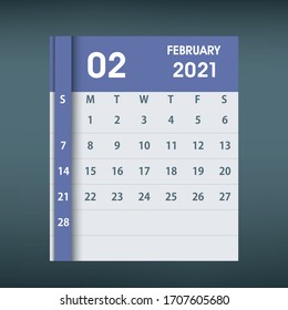 February 2021 Calendar Leaf. Flat design. Monthly calendar design template. Week starts on Sunday. Business vector illustration.