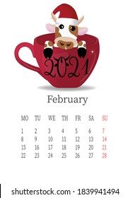 February 2021. Calendar month with a bull in a funny hat in the red cup. Editable vector template. Vector illustration in a flat style.