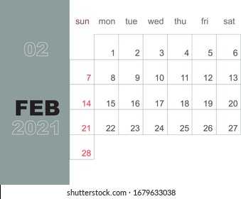 February 2021. Calendar planner design template. Week starts on Sunday. Stationery design. Vector Illustration