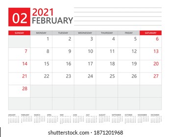 February 2021 calendar planner set for template corporate design week start on Sunday. desk calendar 2021 design, simple and clean design, 12 months yearly calendar set vector layout