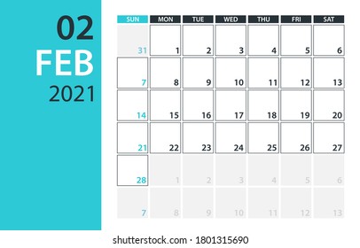 February 2021 Calendar Planner - vector illustration. Template. Mock up.