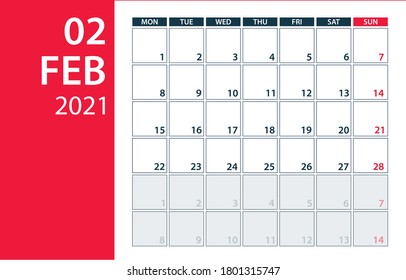 February 2021 Calendar Planner - vector illustration. Template. Mock up.