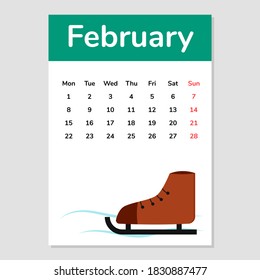 February 2021 calendar sheet with skate illustration. Vector.
